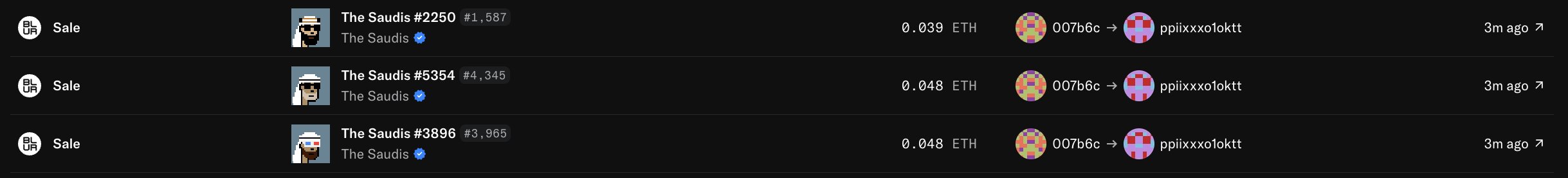 The image shows three NFT sales of "The Saudis" (#2250, #5354, and #3896) on Blur, each purchased by address "ppiixxxo1oktt" for around 0.039-0.048 ETH roughly 3 minutes prior, illustrating the quick acquisition of The Saudis NFTs that the post celebrates as a mainnet buy.