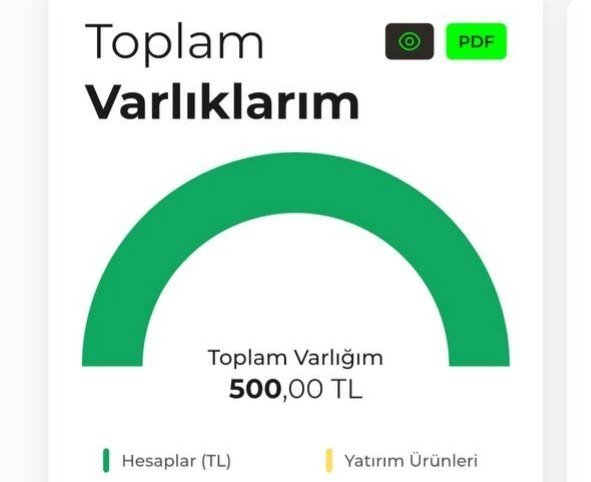 A financial app dashboard in Turkish titled 'Toplam Varlıklarım' (My Total Assets) showing a green gauge graphic and a total balance of 500.00 TL across 'Hesaplar (TL)' and 'Yatırım Ürünleri'.