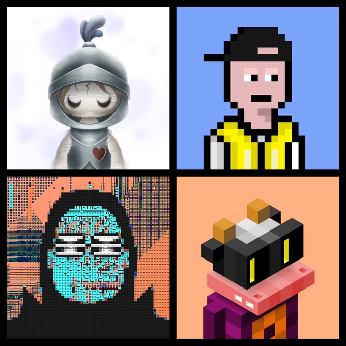 A four-panel collage features a knight figurine with a heart symbol, a pixelated portrait of a man in a yellow shirt, a glitch-art face with a visor, and a 3D voxel character.
