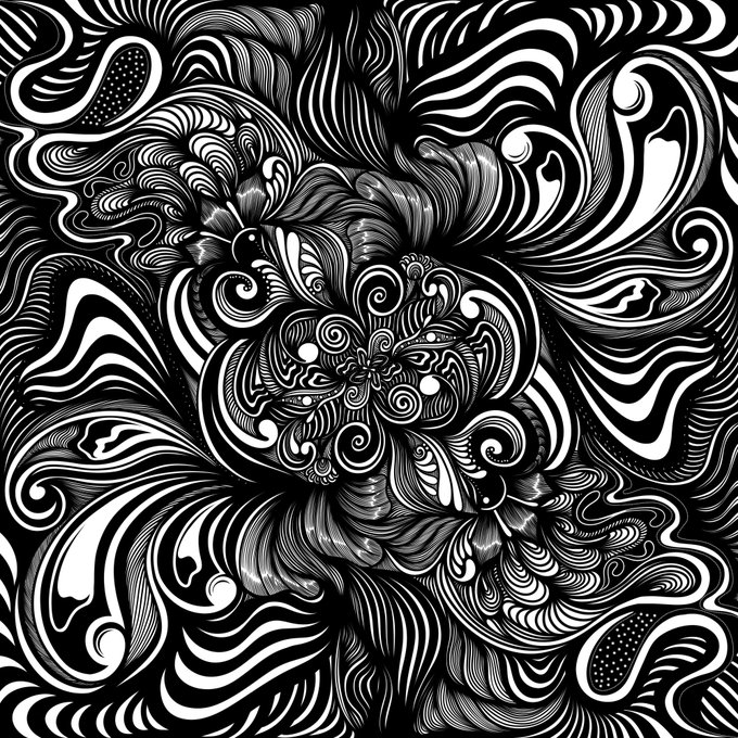 A black and white psychedelic illustration featuring intricate swirling patterns, swirls, and floral-like motifs in a dense, hypnotic composition.