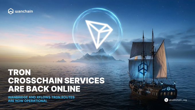 A promotional image for Wanchain announcing 'TRON CROSSCHAIN SERVICES ARE BACK ONLINE' with WanBridge and xFLOWS Tron routes now operational, featuring a TRON logo over a nautical scene with a sailing ship.