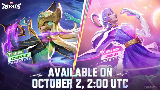 A Marvel Rivals promotional image announcing two new skins 'Phoenix (Cosmic Spark)' and 'Luna Snow (Lunar Luna)' available on October 2, 2:00 UTC, with vibrant purple cosmic artwork.