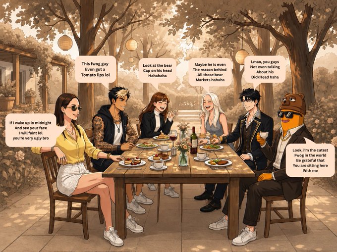 An anime-style illustration of six characters sitting around a dining table in a wooded outdoor setting, with humorous speech bubbles including phrases like "This fwag guy Even got a Tomato lips lol," "LMAO, you guys Not even talking About his Dickhead haha," and "Look, I'm the cutest Fwog in the world Be grateful that You are sitting here With me."