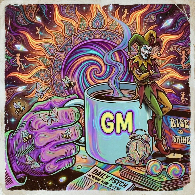 A vibrant psychedelic illustration titled 'DAILY PSYCH MORNING VIBES EDITION' features a jester, a hand, butterflies, bees, a 'GM' coffee mug, and the text 'RISE & SHINE' against a swirling cosmic background.