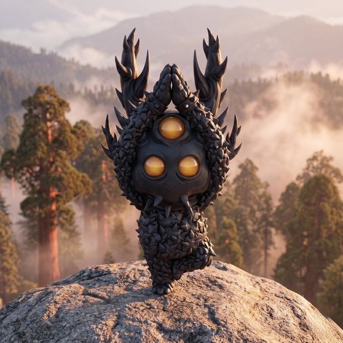 A dark, spiky creature with three glowing yellow eyes standing on a rocky surface against a misty forest backdrop.