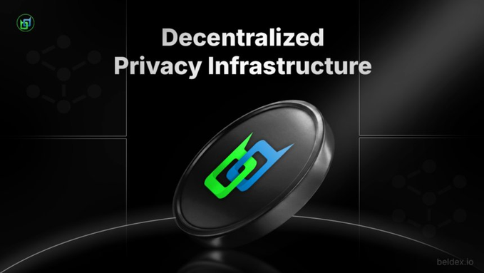 A promotional graphic for Beldex featuring the text 'Decentralized Privacy Infrastructure' above a 3D black disc displaying the green and blue Beldex logo, with beldex.io in the corner.