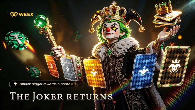 A promotional WEEX graphic titled "THE JOKER RETURNS" features a regal clown-king character holding an emerald scepter alongside floating playing cards and casino chips, advertising their "PokerParty" event where users can earn extra draws through deposits, trades, and sharing to unlock multiplied rewards.