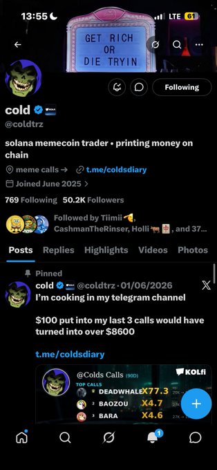 A Twitter/X profile page for @coldtrz (display name 'cold'), a verified Solana memecoin trader with 50.2K followers and bio 'solana memecoin trader • printing money on chain', featuring a pinned post about $100 turning into $8600 in a Telegram channel called Colds Calls (900).