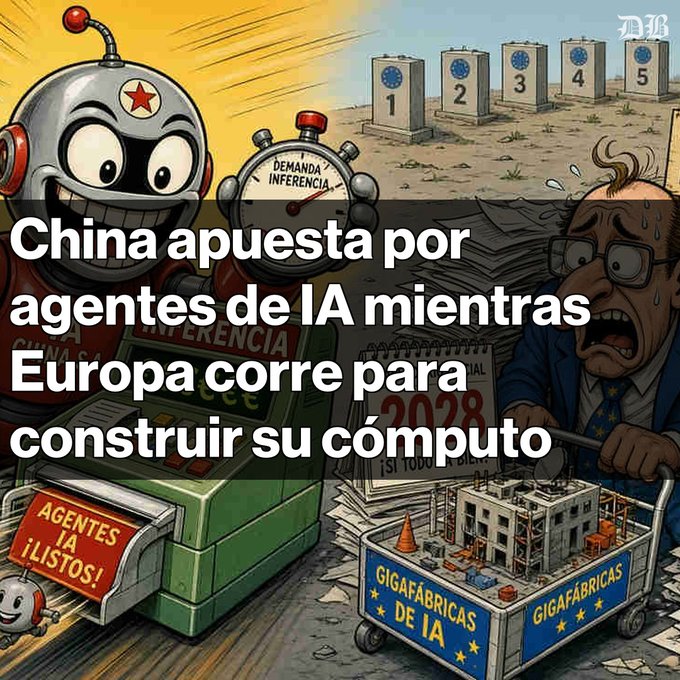 A cartoon showing a cheerful Chinese robot labeled 'INFERENCIA' and 'CHINA' next to a sweating European official pushing a cart of 'GIGAFÁBRICAS DE IA', with text reading 'China apuesta por agentes de IA mientras Europa corre para construir su cómputo'.