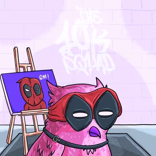 A pink furry character wearing a Deadpool-style mask stands proudly next to an easel displaying a self-portrait captioned "GM!" with the character’s own face, while graffiti reading "THE 10K SQUAD" glows on the brick wall behind—fitting the post’s nod to *The 10k Squad NFT #2038* as part of a community meme greeting.