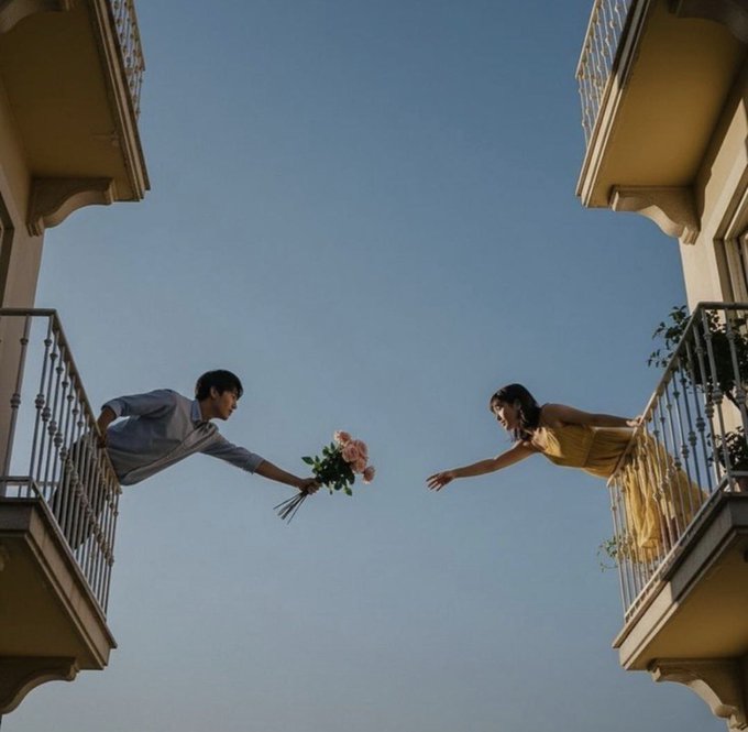 A romantic scene shows a man and woman leaning out from balconies of facing buildings against a blue sky, with the man extending a bouquet of pink roses toward the woman.