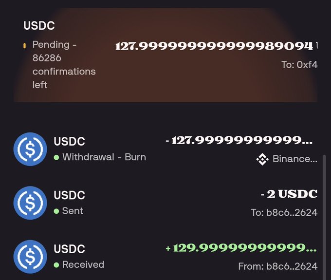 The image displays a transaction history for USDC, showing a pending withdrawal of approximately 128 USDC and a received amount of 129.99 USDC, illustrating the rewards mentioned in the post.