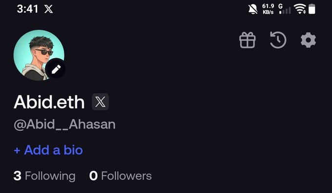 A profile screen for 'Abid.eth' (@Abid__.Ahasan) on a social media app, showing 3 Following, 0 Followers, and an 'Add a bio' option.