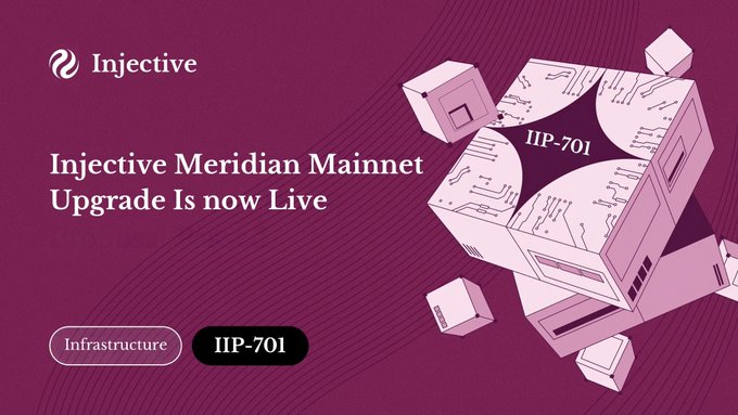 The image is a promotional graphic from Injective announcing that the "Injective Meridian Mainnet Upgrade Is now Live," tagged with categories "Infrastructure" and "IIP-701," and features a stylized 3D illustration of interconnected cubes labeled with "IIP-701"—visually reinforcing the post's message about Meridian as a significant infrastructure milestone linking tokenized securities and privacy features like CypherOS.