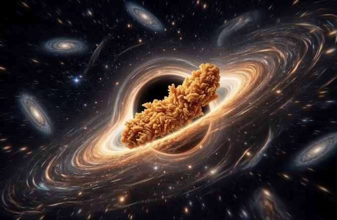 A cosmic spiral galaxy swirls around a central void filled with an enormous pile of golden fried chicken (tendies), surrounded by distant galaxies and stars. The image visualizes the "tendies singularity" post, depicting the chicken as the massive gravitational center of a financial universe where fried chicken gains become an unstoppable cosmic force rather than a simple rotation of market positions.