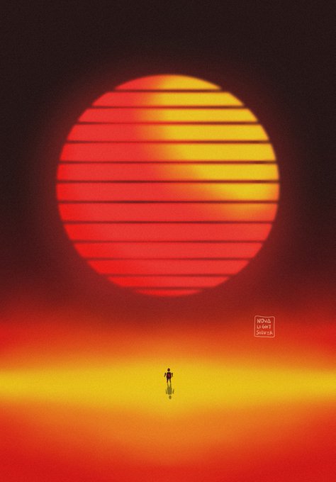 A minimalist illustration features a tiny figure walking on a glowing orange horizon beneath a massive striped red and yellow sun.