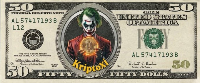 The image is a promotional graphic for a $50 giveaway, featuring a customized US $50 Federal Reserve Note design where the central portrait has been replaced with the Joker character holding a glowing Bitcoin, alongside the text "Kriptoxi." It directly supports the accompanying post's $50 giveaway announcement by @hunt_x_trading, visually tying the prize to a cryptocurrency/meme theme.