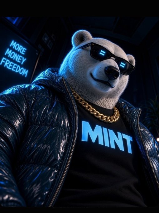 A digital illustration of a cool anthropomorphic white bear wearing sunglasses, a gold chain, and a black shirt that says 'MINT', standing near a neon 'More Money Freedom' sign.