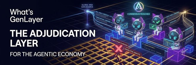 The image shows an illustration of a smart contract, which appears to be a digital representation of a complex real-world agreement involving multiple parties. The smart contract has been designed to handle disputes or disagreements between these parties using an AI-based adjudication layer. This layer ensures that any subjective disagreement is resolved fairly and transparently by following the rules set within the smart contract. The image also includes text that reads "The Adjudication Layer for the Agentic Economy", which suggests that this smart contract is specifically designed to address issues related to the agentic economy, such as trust management and dispute resolution in a digital context.