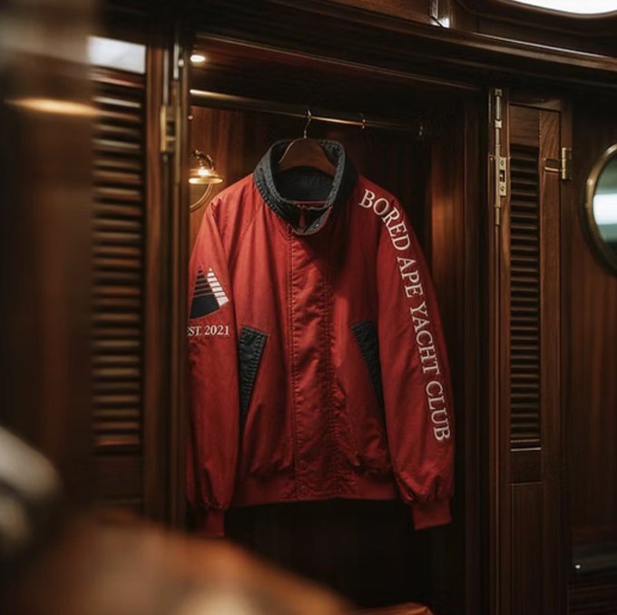 A red bomber jacket hanging in a wooden wardrobe, featuring the text 'BORED APE YACHT CLUB' on one sleeve and 'EST 2021' on the other.