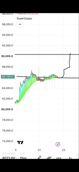 A TradingView chart of BTCUSD showing a 'SuperGuppy' indicator with the price around 86,166, with text indicating a value of '+449.4 (+0.52%)'.