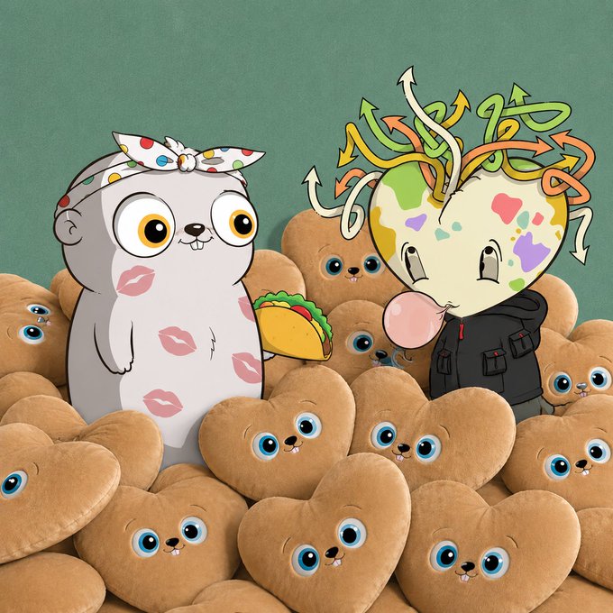 An illustrated scene featuring a bespectacled otter-like character with a red bandana and lipstick kiss marks holding a taco, standing next to a globe-headed figure surrounded by colorful arrows, all atop a pile of plush toys with cute bear faces.
