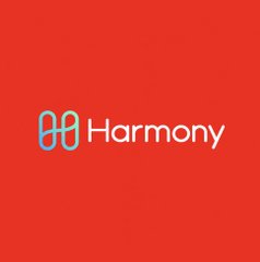 The 'Harmony' logo, featuring a stylized interconnected 'H' symbol in gradient blue and pink, is displayed on a solid red background.