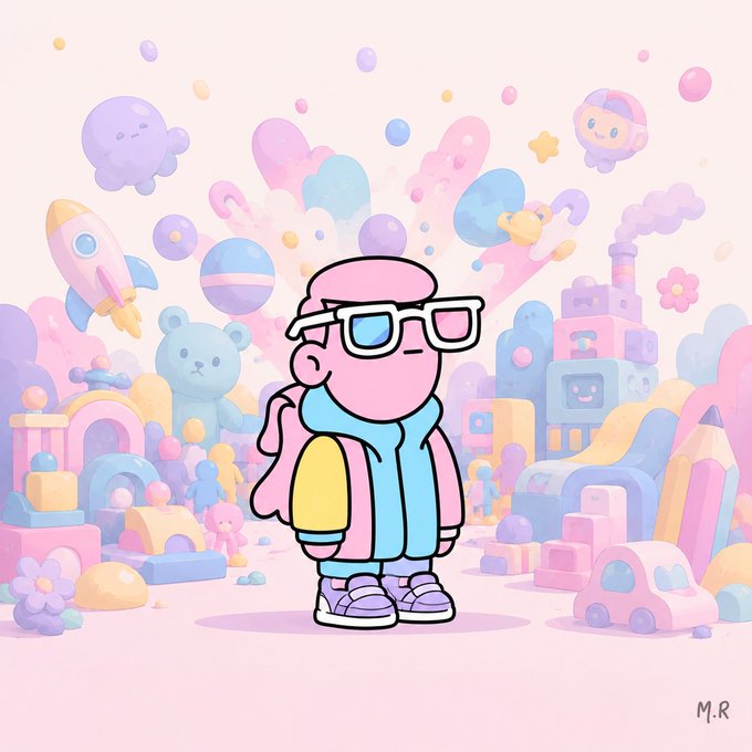 A whimsical cartoon illustration of a pink character with glasses, a blue scarf, and yellow backpack standing in a pastel-colored toy-filled world with rockets, teddy bears, and balloons, signed 'M.R'.