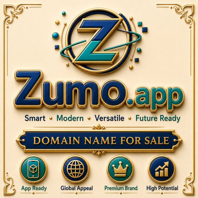 An ornate promotional graphic for the domain "Zumo.app" listed as for sale, featuring a stylized Z logo and taglines like "Smart • Modern • Versatile • Future Ready."