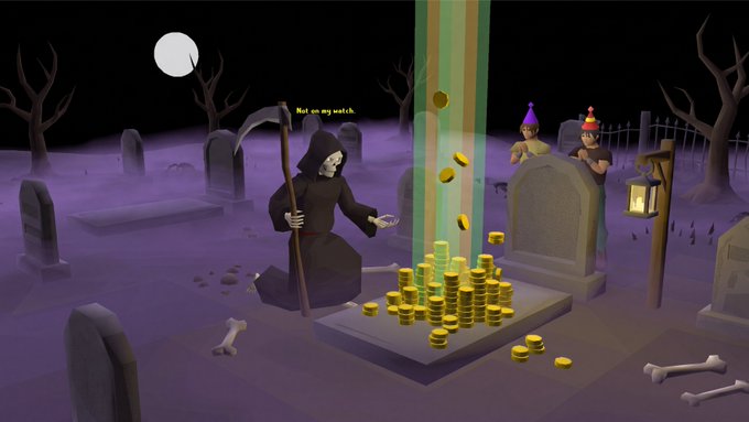 A grim reaper stands in a moonlit graveyard beside a beam of light raining down gold coins, with a skull-headed figure whispering "Not on my watch," and two party-hat-wearing onlookers watching from behind a tombstone. The graveyard scene visually frames the "$GP will rise again" message as a resurrection from the dead, with the reaper's warning suggesting resistance to the token's comeback.