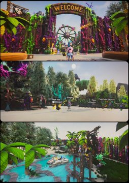 A collage of three screenshots from what appears to be a video game or 3D environment, showing a 'WELCOME' entrance, outdoor scenery with trees, and an indoor area with plants and a pool.