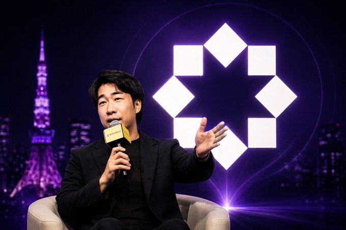 A man holding a microphone speaks during a presentation, with the Tokyo Tower illuminated in purple behind him and a glowing white geometric star-like logo on a dark background.
