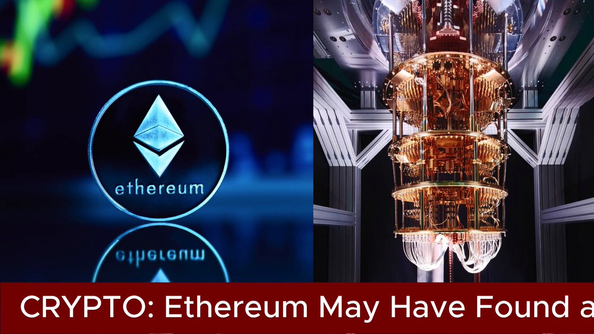 The image presents two icons, one of which shows a blue circle with a green "Ethereum" logo at the center. The other icon displays an intricate gold tower-like structure surrounded by a black background. Below these icons, there is text that reads, "CRYPT: Etherium May Have Found A Cheap Quantum Defenseetherium researcher Nico ( @ncsgy ) says users could add quantum resistant account protection for roughly $0.07 per account without waiting for a hard fork". The content emphasizes the importance of integrating cryptocurrency like etherium into everyday life to safeguard against potential threats and enhance financial security in an increasingly interconnected world.