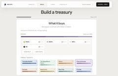 A website interface for building a treasury, showing crypto asset selection including USDC, USDT, ETH, and others.