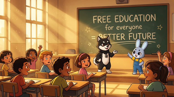 A cartoon classroom scene shows a black and white cat and a blue rabbit teaching students, with a chalkboard reading "FREE EDUCATION for everyone = BETTER FUTURE" alongside a 25 BNB burn marker. The image ties into the post by visually celebrating the project's use of its $78k received funds to support free education initiatives following a token buyback and burn event.