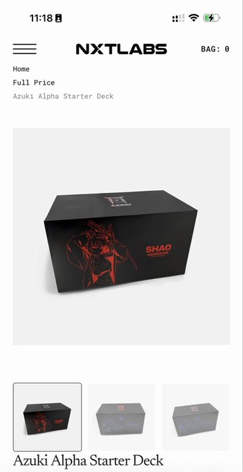 The image shows a mobile screenshot of the NXTLABS website displaying the "Azuki Alpha Starter Deck" priced at "Full Price," featuring a black box with red graphics and the "SHAO" logo. The product page shows three thumbnail views of the deck packaging, reinforcing the promotional message about the Azuki alpha starter deck being available for purchase at nxtbrands.com.