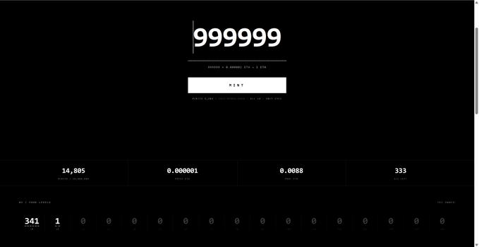 A minimalist dark website displaying the number '999999' prominently, with a 'MINT' button and additional stats including '14,805', '0.000001', '0.0088', and '333'.