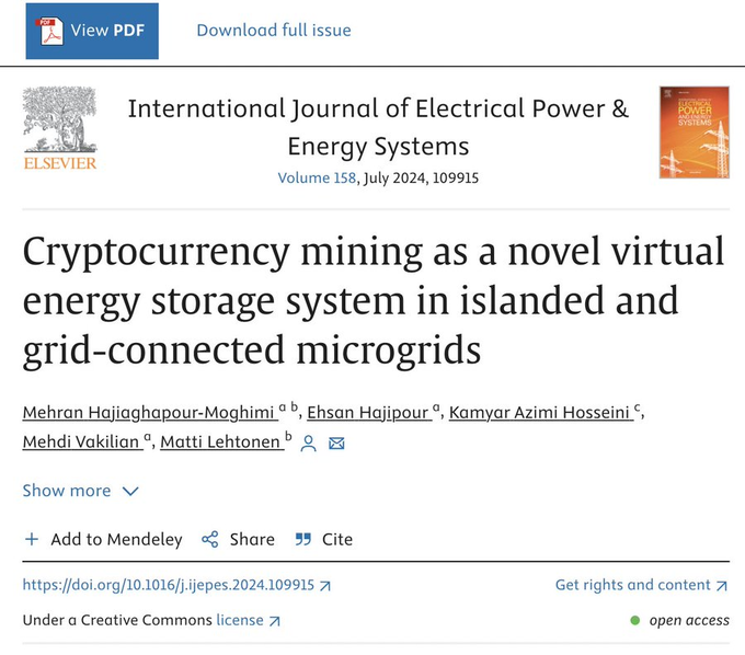 A screenshot of an academic paper titled 'Cryptocurrentcy mining as a novel virtual energy storage system in islanded and grid-connected microgrids' from the International Journal of Electrical Power & Energy Systems.