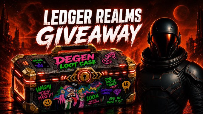A promotional graphic titled 'LEDGER REALMS GIVEAWAY' featuring a 'DEGEN LOOT CASE' box and a character in black armor with a reflective visor.