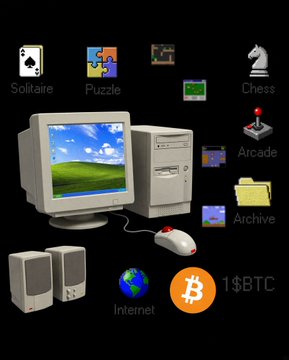 A retro Windows XP-style desktop wallpaper featuring a CRT monitor displaying the iconic 'Bliss' landscape, surrounded by icons for Solitaire, Puzzle, Chess, Arcade, Archive, Internet, and a '$BTC' folder.