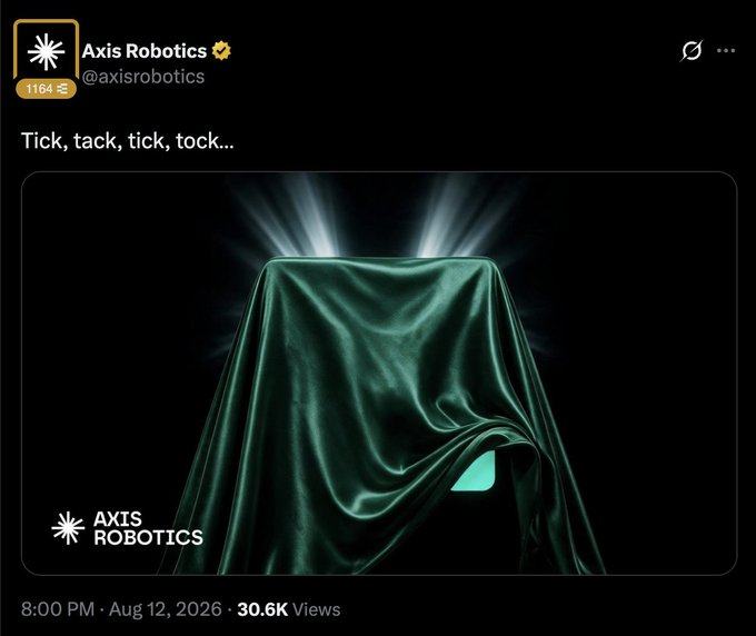 A teaser post from @axisrobotics showing a green satin cloth covering an unseen object with light rays beaming from behind, captioned "Tick, tack, tick, tock..." and posted August 12, 2026 — the dramatic unveiling imagery hints at an imminent product launch, aligning with speculation that Axis Robotics is a leading candidate for Kaito's first Katalyst wave.