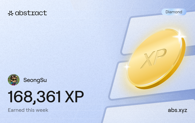 An 'abstract' XP progress screen showing user 'SeongSu' with 168,361 XP earned this week, featuring a large gold XP coin and a 'Diamond' tier badge.