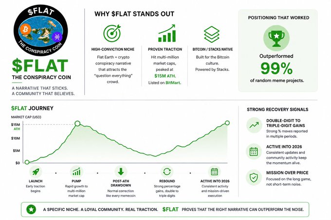 A marketing infographic for "$FLAT - THE CONSPIRACY COIN" titled "WHY $FLAT STANDS OUT" highlighting "HIGH-CONVICTION NICHE," "PROVEN TRACTION" (peaked at $15M ATH on BitMart), and "Outperformed 99% of random meme projects," with a market cap journey graph showing launch, pump, drawdown, rebound, and active into 2026.