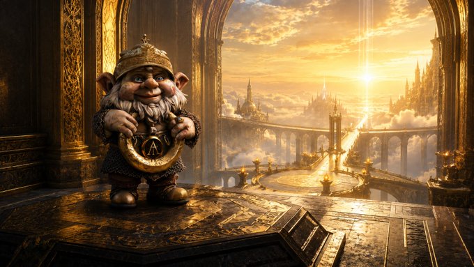 A fantasy digital artwork showing a dwarf-like character wearing a golden crown and holding a large 'A' medallion, standing in an ornate golden chamber overlooking a sunlit bridge and castle.