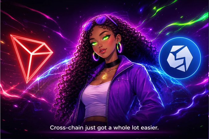 A digital illustration of a young woman with curly hair and glowing green eyes in a purple jacket, flanked by the TRON and Polygon crypto logos, with text reading "Cross-chain just got a whole lot easier."