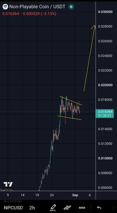 A 2-hour TradingView chart of NPC/USDT shows a strong rally from ~$0.006 to $0.016364 (-3.13%), followed by consolidation in a descending channel (yellow lines) with an arrow pointing toward a potential breakout above $0.028—aligning with the bullish "Round 2 Incoming" sentiment for $NPC.