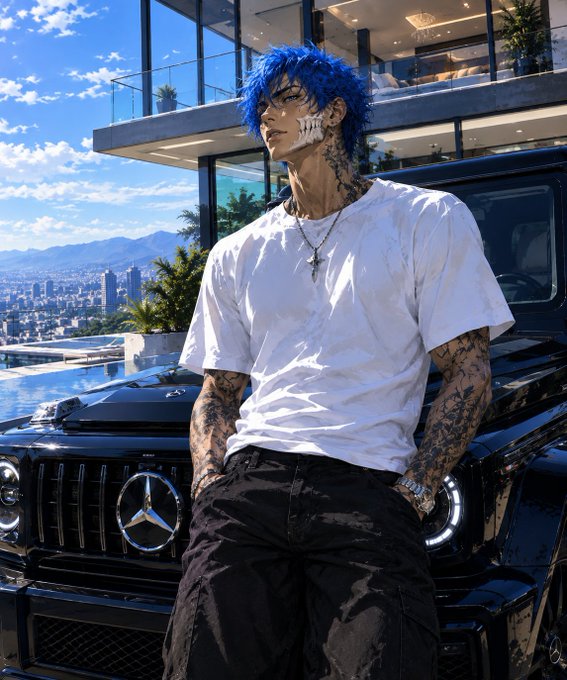 An anime-style character with bright blue hair, facial markings, tattoos, a white t-shirt, and black cargo pants leans against a black Mercedes G-Wagon, set against a backdrop of a modern hillside mansion overlooking a city.