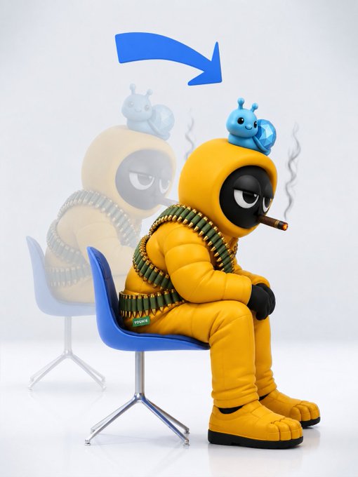 A 3D rendered character in a yellow hooded outfit with bandolier of green bullets, sitting on a blue chair smoking a cigar with a small blue snail on its head, with a faded ghostly version of the same character and a blue arrow in the background.