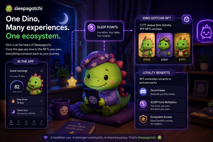 A Sleepagotchi promotional graphic showing 'One Dino, Many experiences. One ecosystem' featuring a cartoon dinosaur in pajamas, highlighting Sleep Points, Dino Gotchis NFT collection, and loyalty benefits.