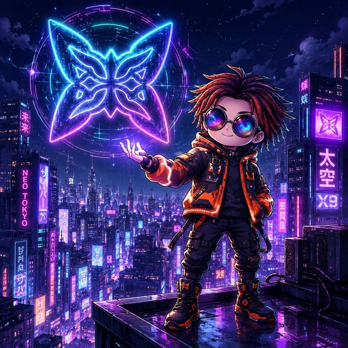 Anime-style illustration of a chibi character with red hair and reflective sunglasses standing on a rooftop in a neon-lit cyberpunk city, summoning a glowing blue and purple butterfly symbol, with signs reading 'NEO TOKYO' and 'X9'.
